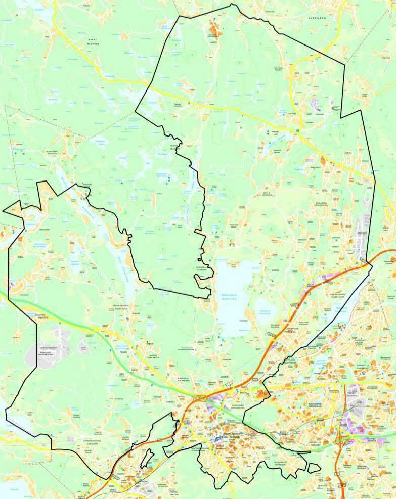 4 (19) 1. Perustiedot kaavahankkeesta Sijainti Suunnittelualue on noin 169 km², mikä on yli 30 % koko Espoon pinta-alasta ja yli 50 % Espoon maapinta-alasta.