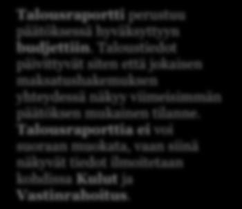 Sitä ei käytetä maksatushakemuksen yhteydessä. Talousraportti perustuu päätöksessä hyväksyttyyn budjettiin.