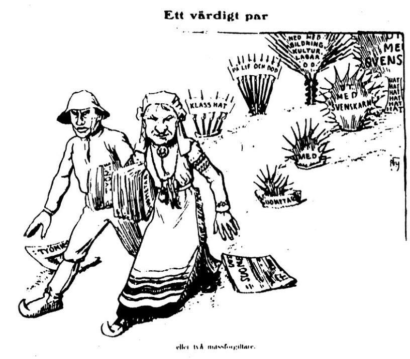 Ruotsinkielinen pilalehti Fyren lähti 1906 vaalitaisteluun pistämällä samaan kuvaan kaksi vastustajaansa, työväenliikkeen ja