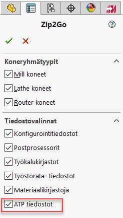 Mastercam 2019 for SOLIDWORKS uudet piirteet Uudet yleispiirteet ATP lisätty Zip2Go toimintoihin Nyt voidaan ottaa mukaan ATP (automaattisten työstöratojen) tiedot luotaessa Zip2Go-tiedostoa.