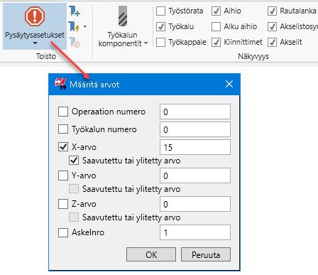Mastercam 2019 for SOLIDWORKS uudet piirteet Uudet yleispiirteet Pysäytysasetukset Kun käytetään Mastercam simulaattorin pysäytysasetuksien Määritä arvot valintaa pysäytysten