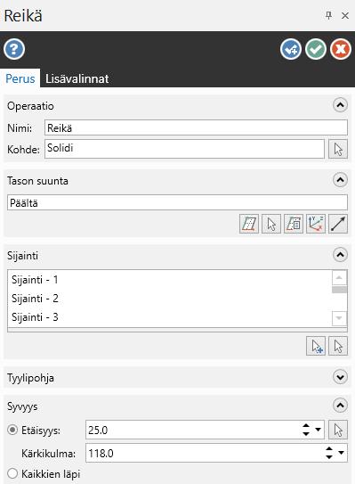 Mastercam 2019 uudet piirteet Design uudet piirteet Uusi reikien luonti solideihin Solidien välilehteen on lisätty Reikä-painike.