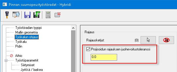 Mastercam 2019 uudet piirteet Jyrsinnän uudet piirteet Juohevoituksen toleranssi Uusi, Projisoidun rajauksen juohevoitus toleranssi -optio on lisätty hybridi- ja tasakarheusradan Työkalun ohjaus