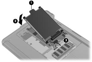 2. Kiinnitä kiintolevyn kaapeli (3). 3. Aseta kiintolevyn kannen kielekkeet tietokoneessa olevia koloja vasten ja sulje kansi (1). 4.
