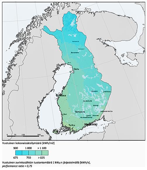 13 Kuva 2. Vuotuinen auringonsäteilymäärä optimaalisesti suunnatulle ja kallis tetulle pinnalle (Kuva: Motiva Oy 2016b). 4 Aurinkosähköjärjestelmä 4.