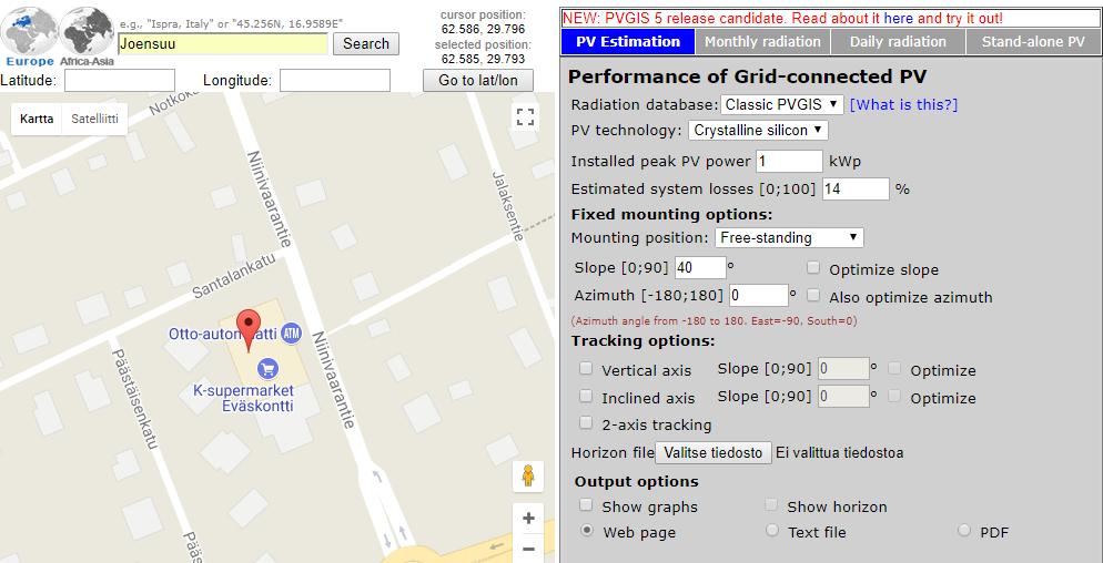 57 Kuva 13. PVGIS-ohjelmalla valittu sijainti ja keräimien kallistus- ja suuntakulmat. Asennussuunnaksi valittiin etelä (0 ) parhaimman tuoton saavuttamiseksi.