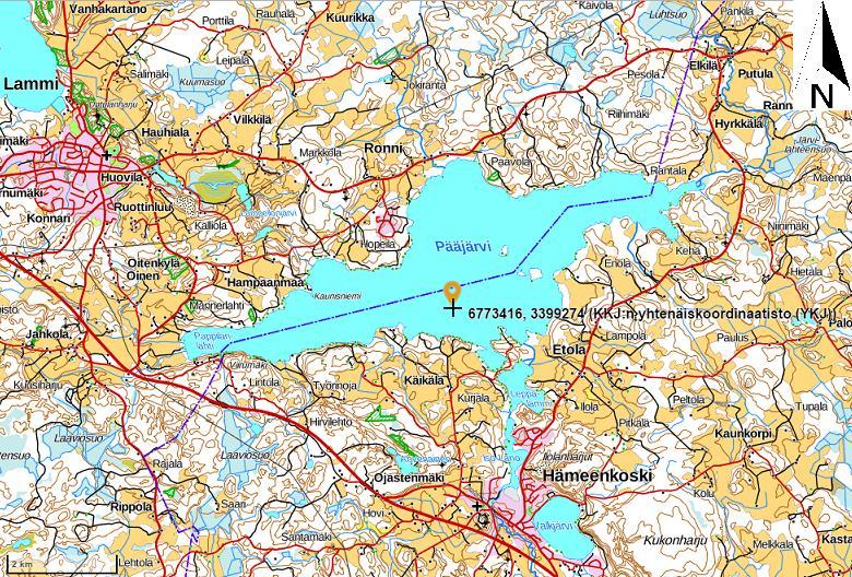 9 2.1 Pääjärvi, Lammi Pääjärvi on pitkänomainen järvi, jossa on keskellä selkeä, lähes 90 metriin asti ulottuva syvänne (Kuva 3). Keskisyvyys on kuitenkin vain 14.