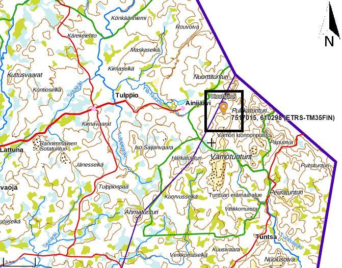 14 jyrkkäpirteistä maastoa, jossa vähäistä moreeni- ja hiekkakerrostumaa. Kokonaisuudessaan kuormitus on vähäistä. (Tallberg et al. 2015) Kuva 9. Kuutsjärven sijainti, maastokuva ja ilmakuva.