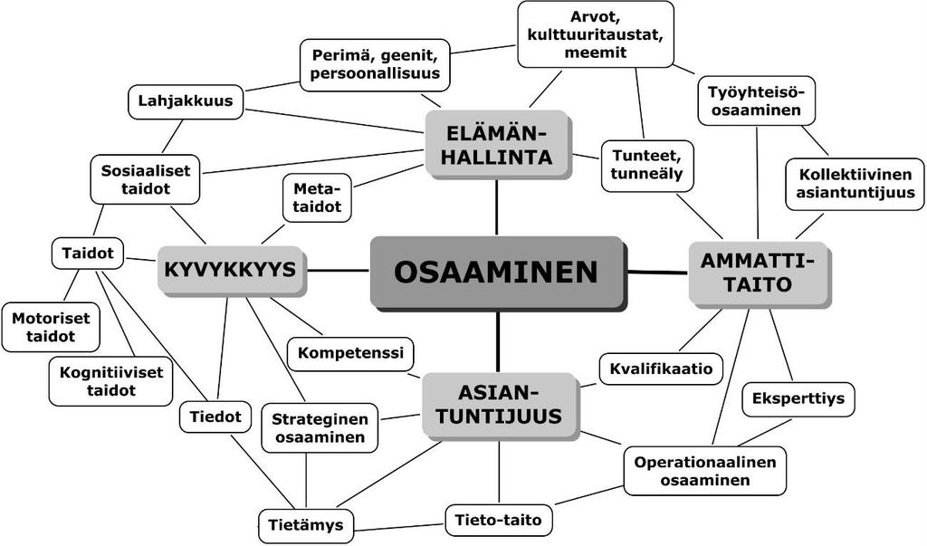 11 Helakorpi (2005) kuvaa osaamiseen ja ammattitaitoon liitettyjä käsitteitä sekä niiden yhteyksiä alla olevan kuvion mukaan (Kuvio 3).