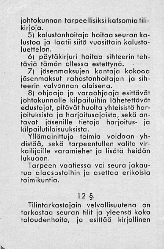 johtokunnan tarpeellisiksi katsomia tilikirjoja. 5) kalustonhoitaja hoitaa seuran kalustoa ja laatii siitä vuosittain kalustoluettelon.