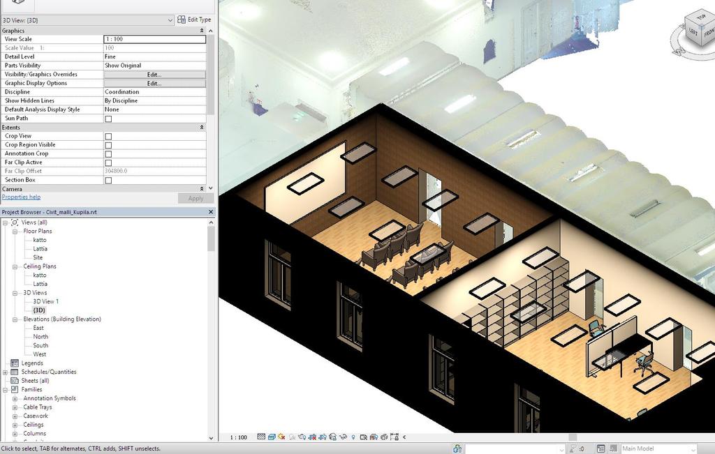 Case Revit step 4 Viitelinjojen ja korkeustasojen avulla mallinnetaan joko olemassa olevat tai uudet tilat Lisätään myös