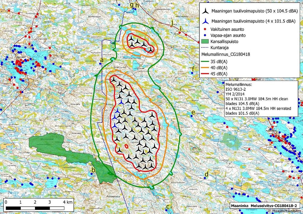 Sivu 11 / 21 Kuva 2. Maaningan tuulivoimapuiston melumallinnus. Kuvassa 10 havainnointipistettä on merkitty kirjaimilla.