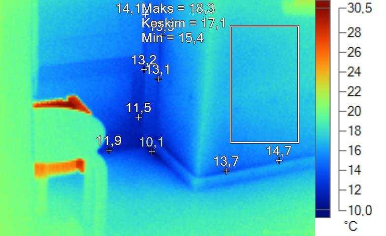 ulkoseinän liittymässä sekä erityisesti pystypilareiden ja alapohjan liittymässä (kuva 17) poikkeavan kylmiä