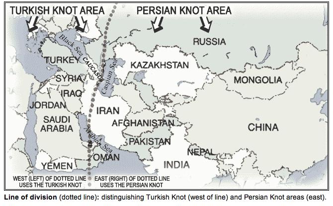 Turkkilaisen ja Persialaisen solmun käyttäminen maantieteellisesti TURKKILAISEN SOLMUN ALUE PERSIALAISEN SOLMUN ALUE Pallojen läntisellä puolella