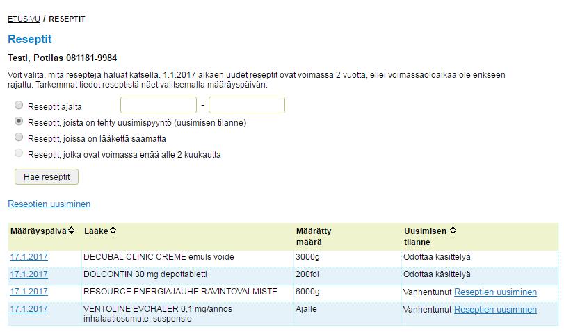 Uusimispyynnön lähettäminen 5/6 Reseptit sivun hakutoiminnolla voi hakea listan