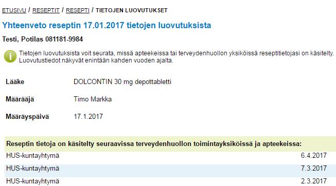 Reseptin luovutustietojen katselu Reseptin tietosivun lopussa olevaa Tietojen luovutukset linkkiä