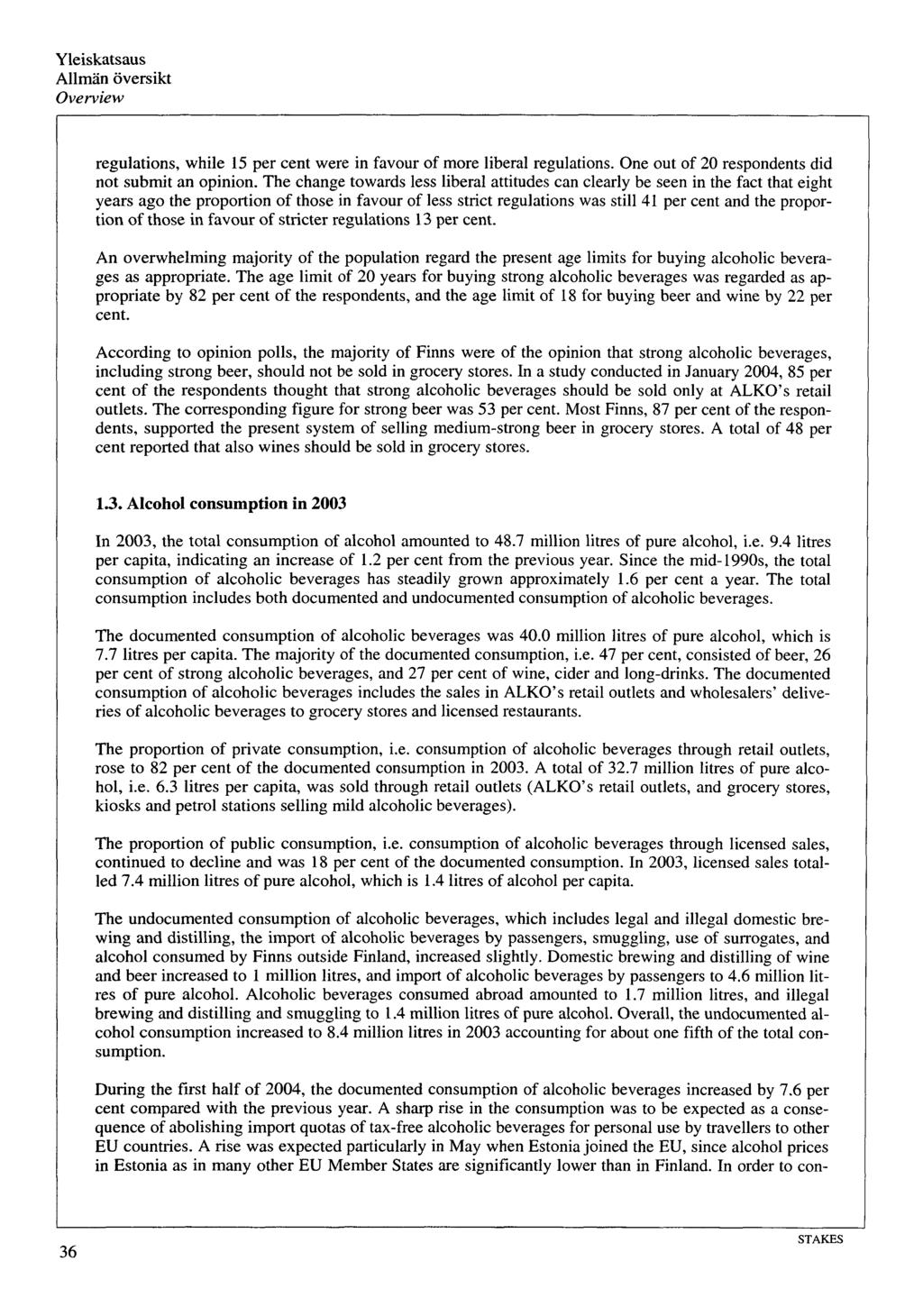 Yleiskatsaus Allmän översikt Overview regulations, while 15 per cent were in favour of more liberal regulations. One out of 20 respondents did not submit an opinion.