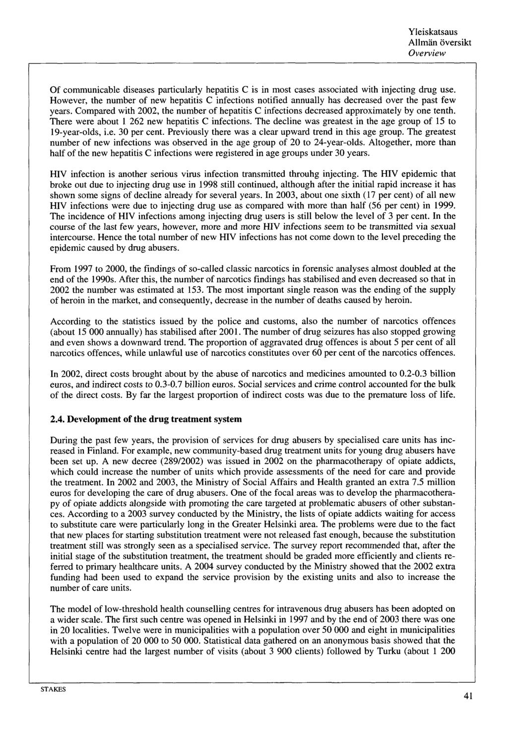 Yleiskatsaus Allmän översikt Overview Of communicable diseases particularly hepatitis C is in most cases associated with injecting drug use.