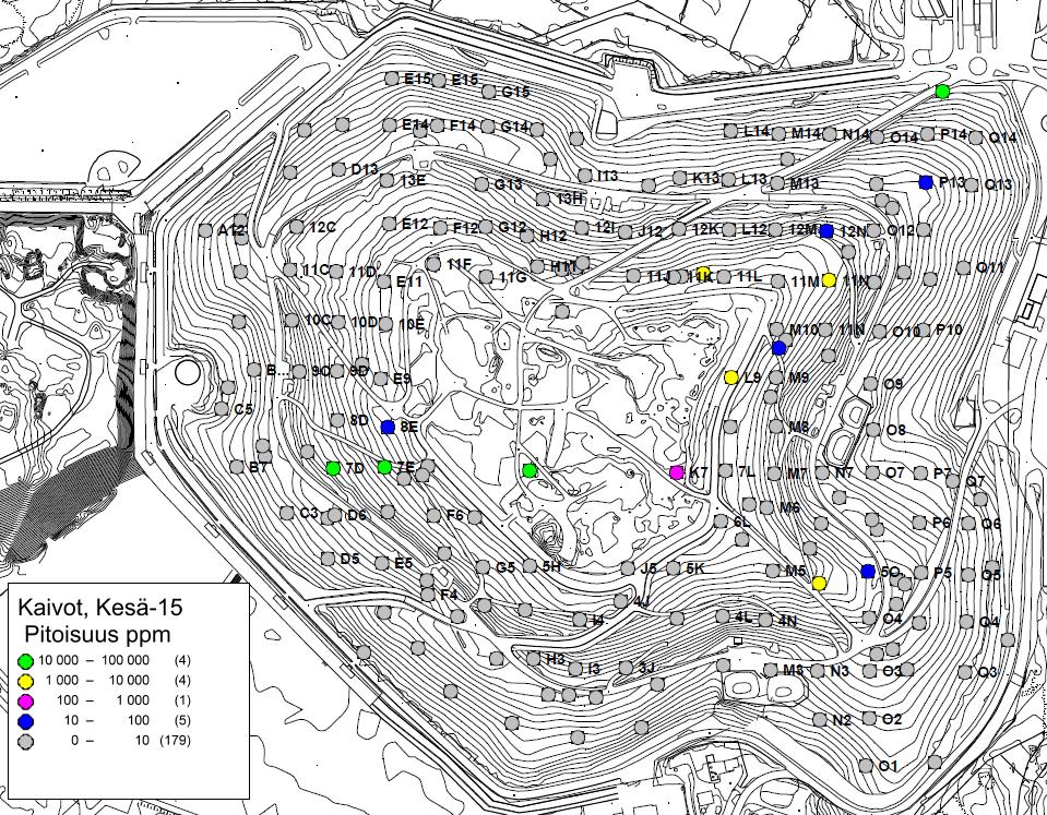 Kuva 3 Kaasunkeräyskaivojen kohdalla mitatut pitoisuudet