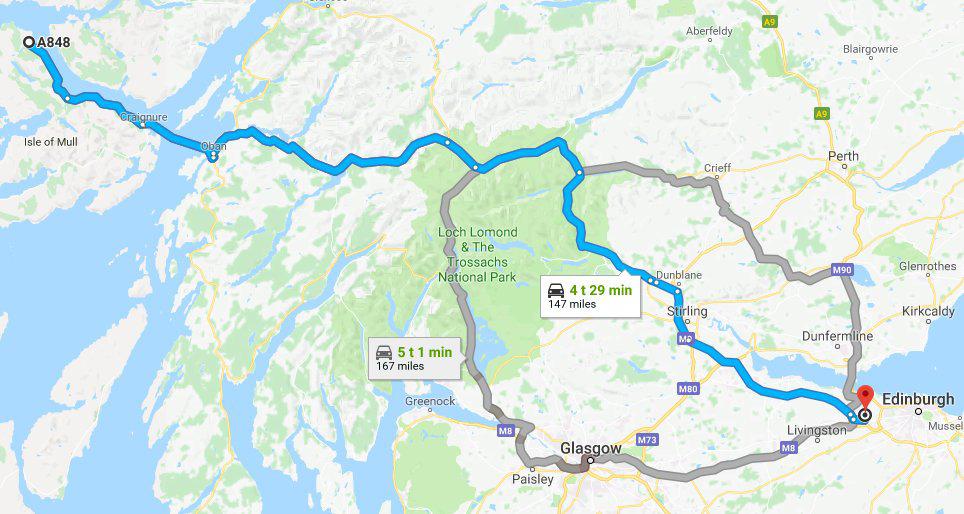 Päivä 8, vaihtoehto 1, lyhin matka, Mullin saari - Edinburgh Mahdollisesti tutustutaan lähemmin Mull-saaren majakkaan (kävelyä rantakivikossa tai maastossa).