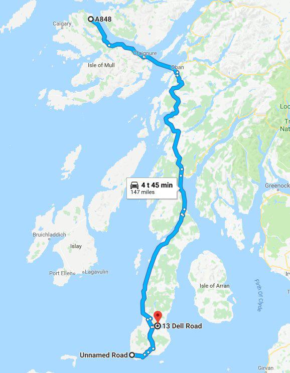 Päivä 8 ja 9, vaihtoehto 2, pidempi matka Katso edelliseltä sivulta Obaniin menevän lautan tietoja. Tässä vaihtoehdossa käydään pitkällä niemimaalla, jonka kärjessä on Mull of Kintyre -majakka.