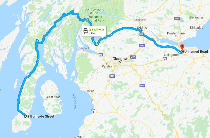 Päivä 10, Edinburghin lentokentälle Tämä reitti kulkee Loch Lomondin ja kansallispuiston kautta, Glasgow kierretään. Matkalla ei ole majakoita.