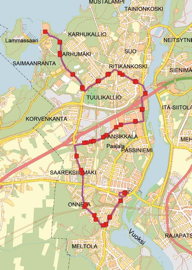 4 5 Reitti: Niskapietiläntie - Kaukopäänkatu - Ruokolahdentie - ntie - Tornansillantie - Tainionkoskentie - Saimaantie - Pienmustalammintie - Paperharjuntie - Joutsenonkatu - Siitolanranta -