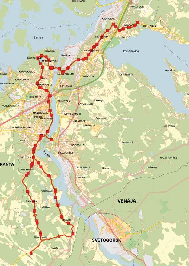 Esterinkatu - Olavinkatu - Einonkatu - Helsingintie - Imatrankoskentie - Tainonkoskentie - Koskikatu - Siitolanranta - Joutsenonkatu - Paperharjuntie - Pienmustalammintie - Saimaantie -