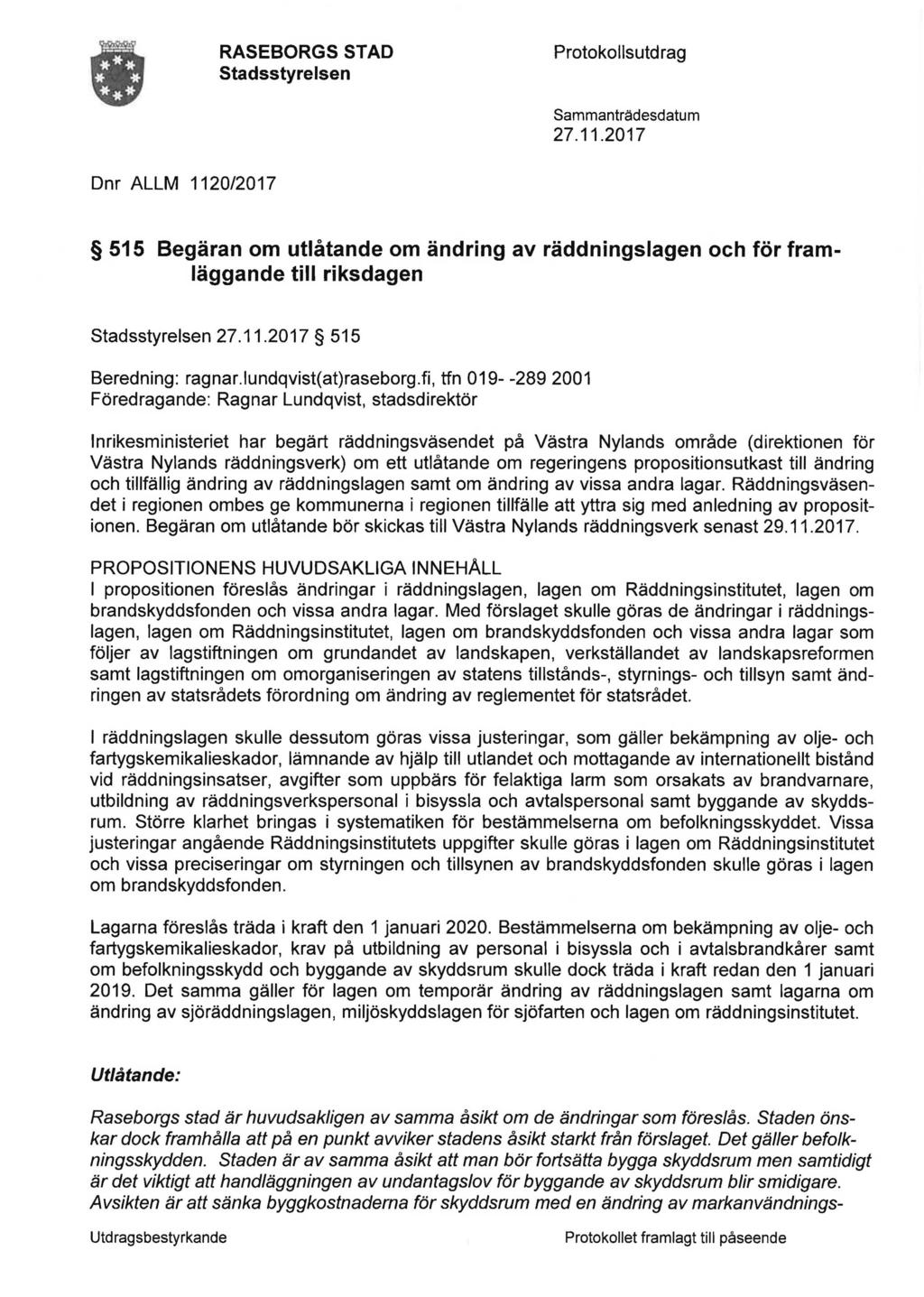 RASEBORGS STAD Stadsstyrelsen Protokollsutdrag Sammanträdesdatum 27.11.