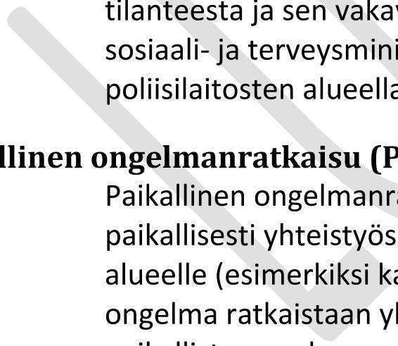 kortteli- ja kyläpoliisitoiminnan tavoitteisiin ja periaatteisiin perustuvaa toimintaa poliisilaitoksilla jotta varmistetaan, että poliisi on jatkossakin läsnä ja osa paikallisia yhteisöjä.