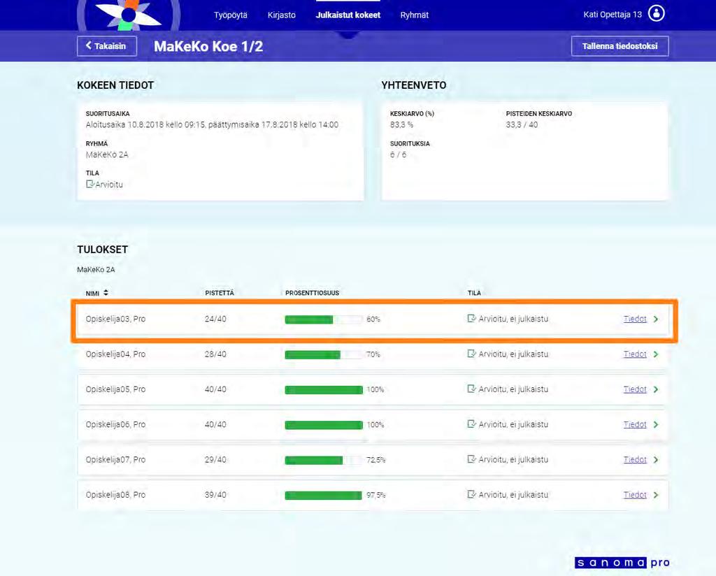 Kokeen tulosten tarkastelu Kun oppilas lähettää vastaukset opettajalle tai kokeen suoritusaika päättyy, Kompassin tarkistaa automaattisesti kaikki MaKeKo kokeiden tehtävät.