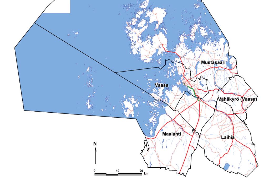 10 Tutkimusalue 2. Tutkimusalue 2.1 Yleiskuvaus Tutkimusalue kattoi Vaasan, Mustasaaren, Maalahden ja Laihian kunnat (kuva 1). Kuva 1.