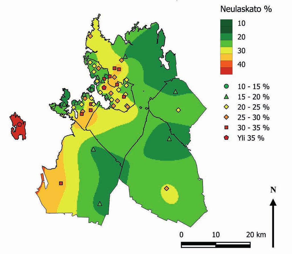 58 Tulokset Kuva 39. Mäntyjen neulaskato tutkimusaloilla vuonna 2013. Suurimmalla osalla tutkimuspuista todettiin vähintään 3 neulasvuosikertaa.