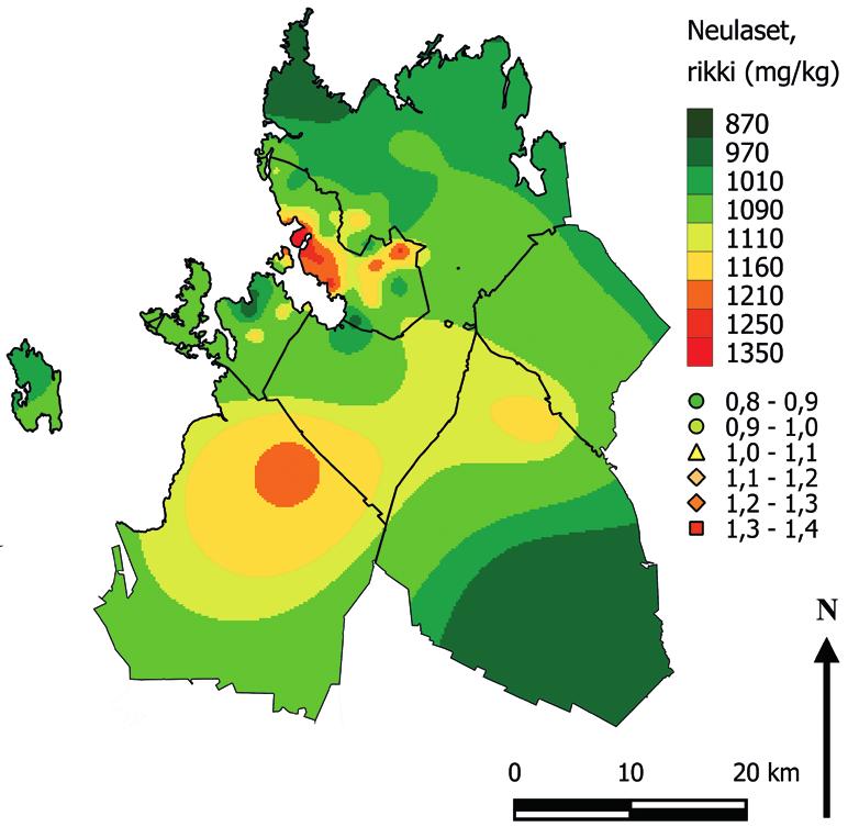 72 Tulokset Rikkiä (kuva 61) havaittiin eniten Vaasassa Palosaaren tutkimusalalla. Kohonneita pitoisuuksia havaittiin myös muualla Vaasan keskustassa ja sen pohjoispuolella.