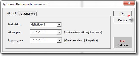 13 / 41 6. TYÖAJAN TEKEMINEN MALLIVIIKOSTA Paina Tee viikko -painiketta Työjärjestys-ikkunan ylälaidassa. Painikkeesta avautuu Työsuunnitelma mallin mukaisesti -ikkuna.
