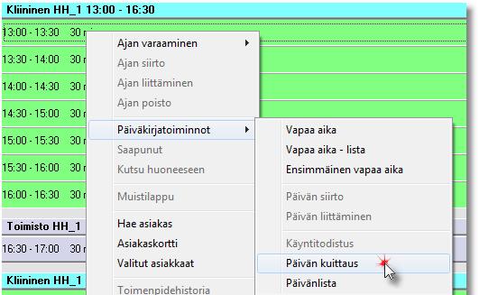 18 / 41 10. PÄIVÄN KUITTAUS (SUORITTAJA, VAIHE 4/6) Päivän kuittaus tehdään työpäivän päätteeksi päiväkirjan yhteydessä olevassa Päivän kuittausikkunassa (Hoitohuone ja Ajanvaraus).
