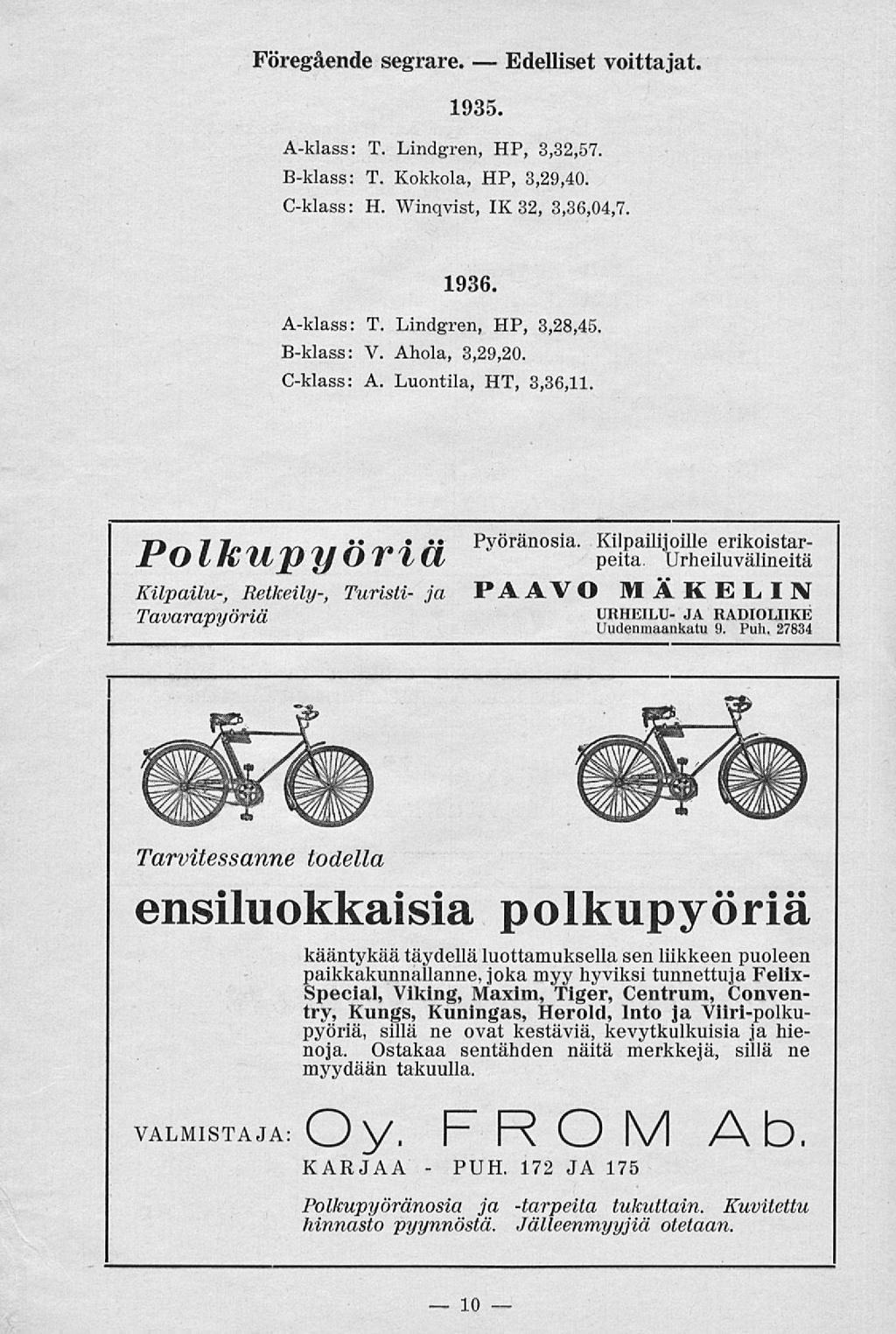 PUH. Edelliset Föregående segrare. voittajat. 1935. A-klass: T. Lindgren,, 3,32,57. B-klass: T. Kokkola,, 3,29,40. C-klass: H. Winqvist, IX 32, 3,36,04,7. 1936. A-klass: T. Lindgren,, 3,28,45.