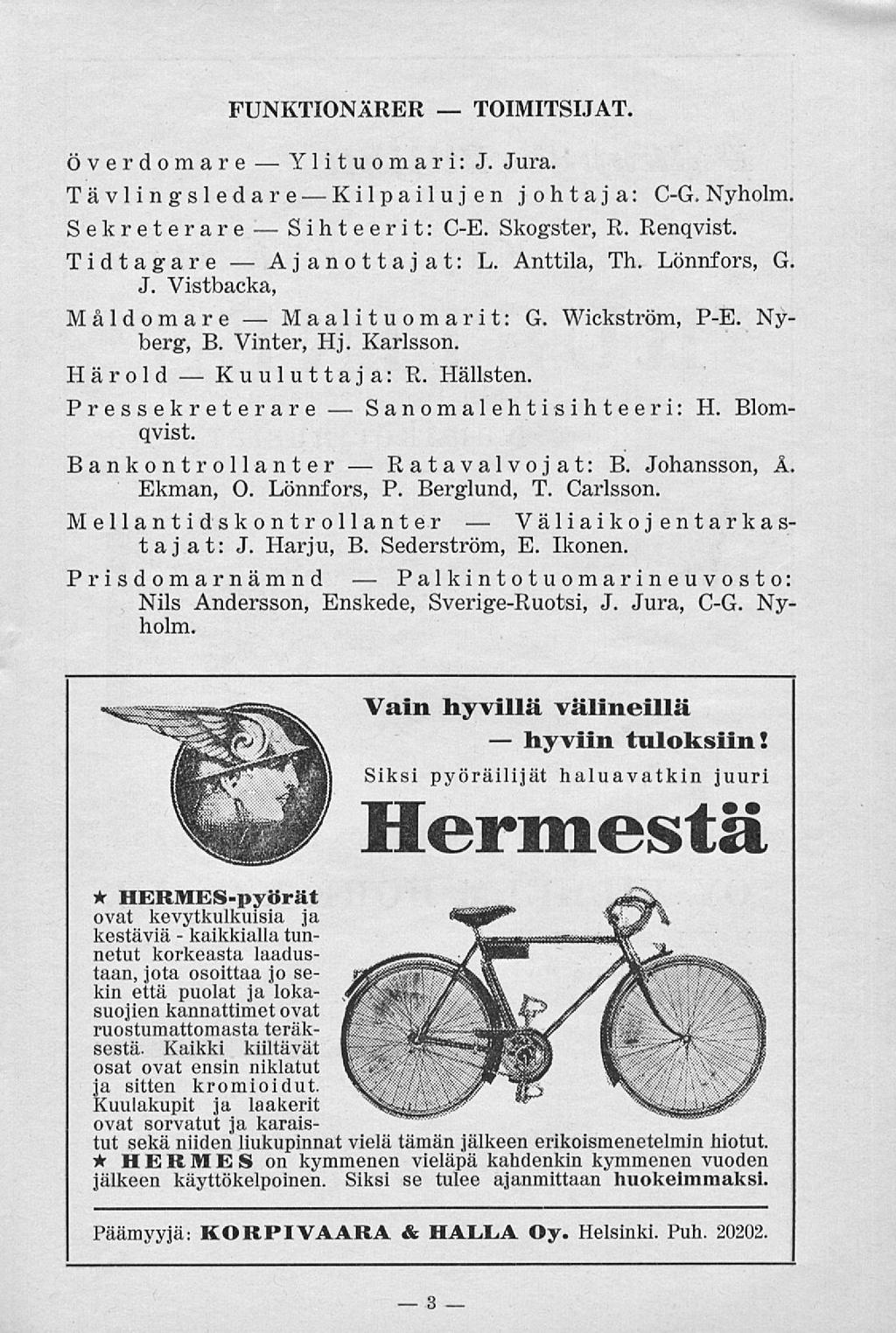 kaikkialla Kuuluttaja: Maalituomarit: Ylituomari: Sihteerit: Sanomalehti Ratavalvojat: Palkint 3 hyviin FUNKTIONÄRER TOIMITSIJAT. Överdomare J. Jura. Tävlingsledare Kilpailujen johtaja: C-G.Nyholm.