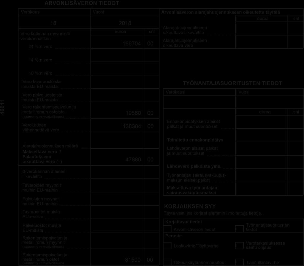 Lomake palautetaan osoitteeseen: Verohallinto Oma-aloitteisten verojen optinen lukupalvelu PL 5000 00053 VERO Liite 3 VEROILMOITUS OMA- ALOITTEISISTA