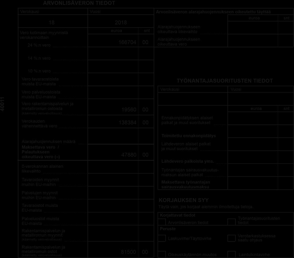 Lomake palautetaan osoitteeseen: Verohallinto Oma-aloitteisten verojen optinen lukupalvelu PL 5000 00053 VERO Liite 3 VEROILMOITUS OMA- ALOITTEISISTA