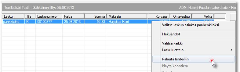 34 / 60 17. TILITYSTEN JA KORVAUSTAPAHTUMIEN MUUTTAMINEN Näillä aputoiminnoilla voidaan käsitellä korvaustapahtumien ongelmatilanteita. 17.1. Tilityksen tekeminen uudestaan Voit tehdä paperi- ja sähköisen tilityksen uudelleen valitsemalla kyseisen tilityksen ja painamalla joko Tilitys- tai Sähköinen tilitys -painiketta.