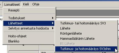 21. LÄHETTEEN KIRJOITTAMINEN 41 / 60 Lähete löytyy Lomakkeet-ylävalikosta, kohdasta Lähetteet Tutkimus- ja hoitomääräys SV3shm. 21.1. Lähetteen täyttäminen Lähetteelle tulee täyttää vähintään