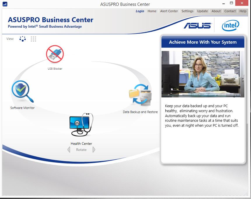 ASUSPRO Business Center -alkunäyttö valikkovalinnat Napsauta jotakin näistä