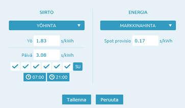 7 Sähkösopimus Spottihintainen sopimus käytössä Sähkösopimuksen hintatiedot syötetään täällä. Siirtohinnat syötetään ikkunan vasempaan ja energiahinnat oikeaan puoliskoon.