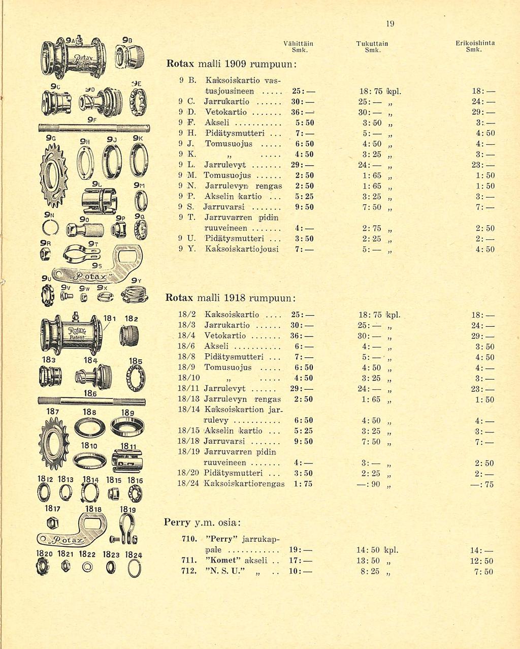 7: 25: 7: 5:25.. 10: 17: s: Rotax malli 1909 rumpuun: Vähittäin Tukuttain Erikoishinta Smk. Smk. Smk. 9 B. Kaksoiskartio vastus jousineen 25: 18: 76 kpl. 18: 9 C. Jarrufcartio 30: 25: 24: 9 D.