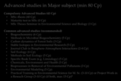 Specialist in Biogeochemistry and Climate Change MSc studies (major: Environmental Science) 120 Cp Advanced studies in Major subject (min 80 Cp) Compulsory Advanced Studies (43 Cp) MSc thesis (40 Cp)