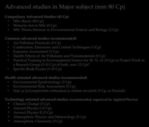 Specialist in Aerosols and Air Pollutants MSc studies (major: Environmental Science) 120 Cp Advanced studies in Major subject (min 80 Cp) Compulsory Advanced Studies (43 Cp) MSc thesis (40 Cp)