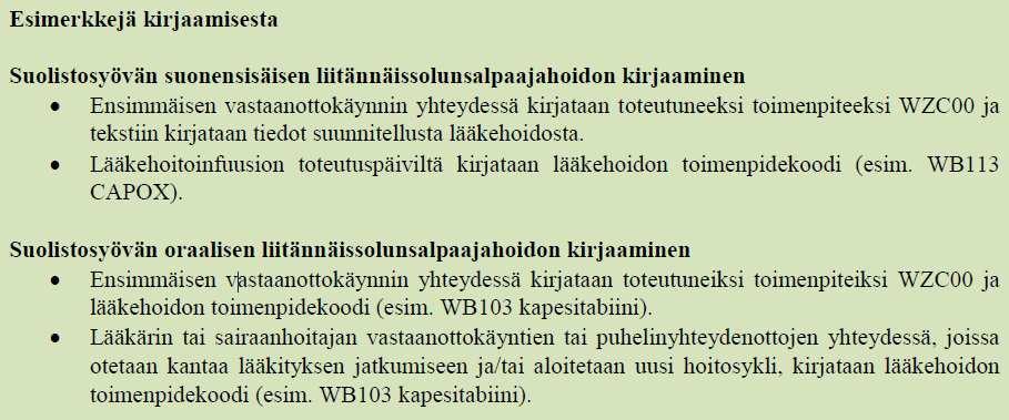 Koodin WZC00 Hoidon suunnittelu tai konsultaatio kirjaaminen (1) Lääkehoitojen kirjaamisessa koodi WZC00 kirjataan eri erikoisaloilla lääkärinkäynnin yhteydessä syöpälääkehoitoa suunniteltaessa