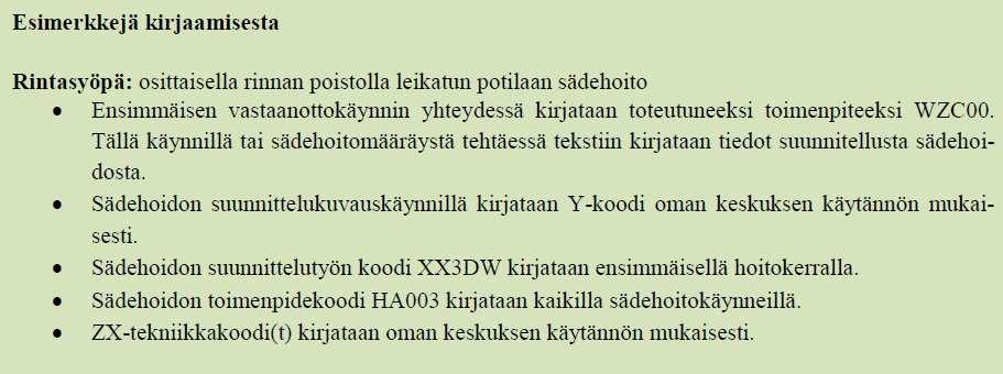 Koodin WZC00 Hoidon suunnittelu tai konsultaatio kirjaaminen (1) Sädehoidon kirjaamisessa koodi WZC00 kirjataan lääkärinkäynnin yhteydessä sädehoitoa suunniteltaessa Lähde: Maarit