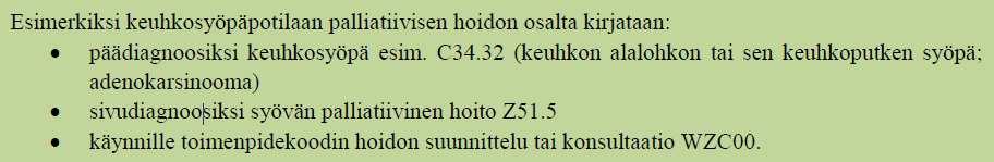 Palliatiivinen hoito Lääkäri kirjaa syöpäpotilaan sivudiagnoosiksi palliatiivisen hoidon Z51.
